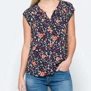 DANIEL RAINN Floral Print Cap Sleeve Shirt Navy Blue Size M